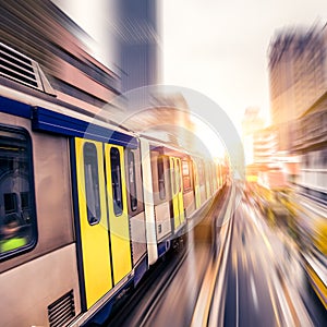 Sky train through the city center in Kuala Lumpur,motion blur