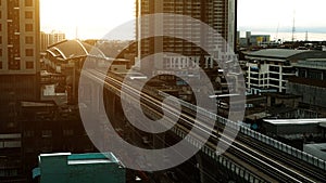 Sky Train railroad, The Sky train in Bangkok with building, BTS Sky Train on rail tracks