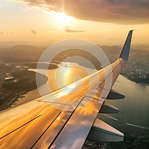 Sky view from the airplane with aero wing