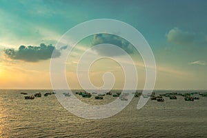 Sky view with Anchored Fishing boats in sea