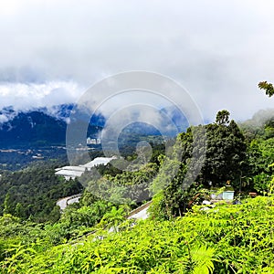 Sky view and Chin Swee caves temple on skyway cable car, Genting Highland, Malaysia, In a ropeway cable car going down from Gentin