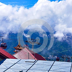 Sky view and Chin Swee caves temple on skyway cable car, Genting Highland, Malaysia, In a ropeway cable car going down from Gentin