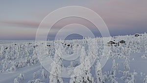 Sky view of a finnish cottage village in national park in Lapland