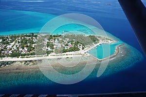 Sky view Maldives island beach turquoise water