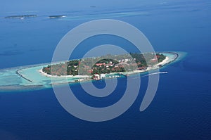 Sky view Maldives island beach turquoise water