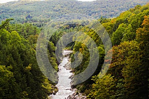 A sky view photo of the Quechee Gorge, Quechee Vermont, USA