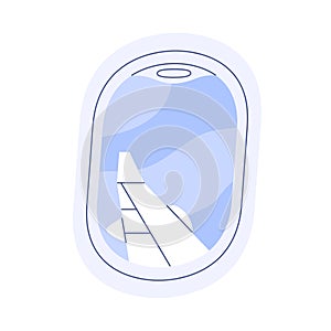 Sky view through porthole in air plane. Airplane window during flight, travel. Aircraft wing and day skyscape at