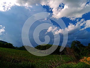 Sky with white rainy clouds in the green farmland. close up view of cloud,