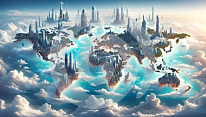 Skybound Cities: Futuristic World Map Above the Clouds