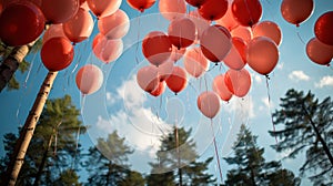 Skybound Dreams: Red Balloons Soaring Above the Blurry Forest