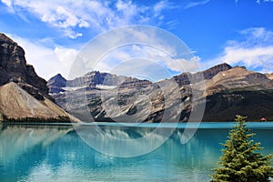 Skycolored Lake Louise in Alberta surrounded by Rocky Mountains photo