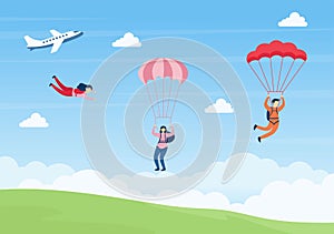 Skydive is a Type Sport of Outdoor Activity Recreation Using Parachute and High Jump in Sky Air. Cute Cartoon Background Vector