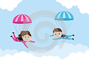 Skydive is a Type Sport of Outdoor Activity Recreation Using Parachute and High Jump in Sky Air. Cute Cartoon Background Vector