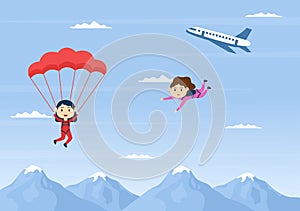 Skydive is a Type Sport of Outdoor Activity Recreation Using Parachute and High Jump in Sky Air. Cute Cartoon Background Vector