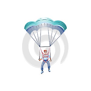 Skydiver in the blue clothes flying with the blue parachute. Vector illustration in a flat cartoon style.