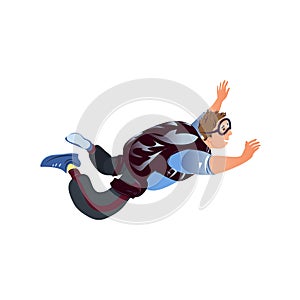 Skydiver in the blue clothes with goggles flying with the parachute backpack. Vector illustration in a flat cartoon