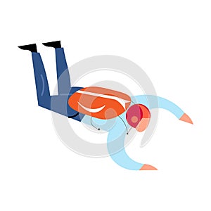 Skydiver in the blue clothes with red helmet flying with the parachute backpack. Vector illustration in a flat cartoon