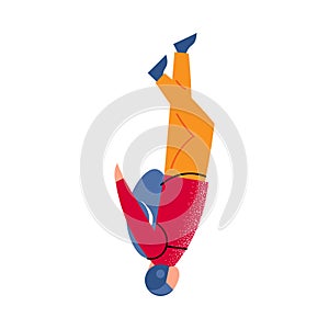 Skydiver in blue helmet falling down with the parachute backpack. Vector illustration in a flat cartoon style.