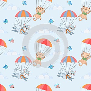 Skydiver cat seamless pattern.