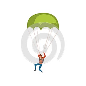 Skydiver descending with a parachute in the sky, parachuting sport and leisure activity concept vector Illustration on a