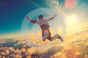 Skydiver experience in sunset cloudscape