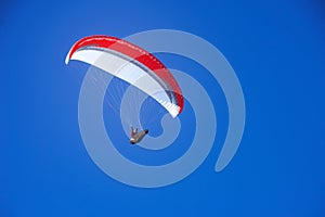 Skydiver flies in the blue sky