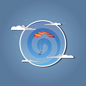 Skydiver flying with parachute. in white frame. Skydiving, parachuting and extreme sport, active leisure concept