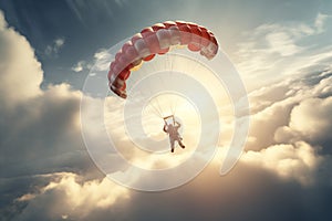 Skydiver gracefully descending with an open parachute, against a backdrop of clouds. Generative AI photo