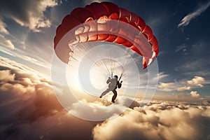 Skydiver gracefully descending with an open parachute, against a backdrop of clouds. Generative AI photo