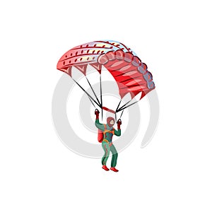 Skydiver in the green suit flying with the red paraglider. Vector illustration in a flat cartoon style.