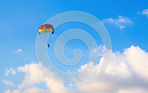 Skydiver high in the blue sky white clouds extreme vacation