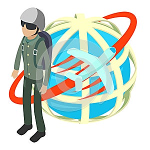 Skydiver icon isometric vector. Parachutist near planet icon with flying plane