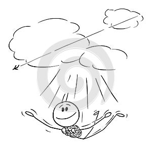 Skydiver Jumping with parachute and Flying Through Air, Vector Cartoon Stick Figure Illustration