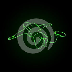 Skydiver jumps with open arms. Neon vector illustration