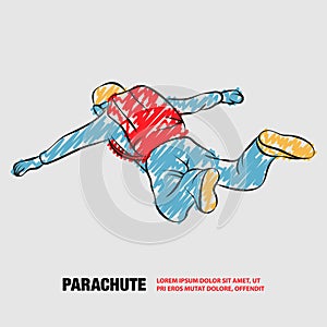 Skydiver jumps with open arms. Vector outline of paratrooper with scribble doodles.