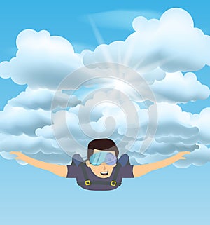 Skydiver man flying in the blue cloudy sky. Character illustration. Sky diving cartoon sportsman.