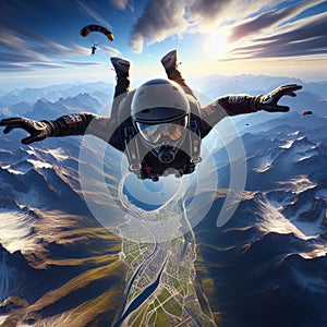 A skydiver in mid-air with a camera attached to the helmet, mountains and city below, another skydiver with an open photo