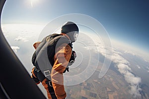 Skydiver in an orange suit jumps out of an airplane. Generative AI