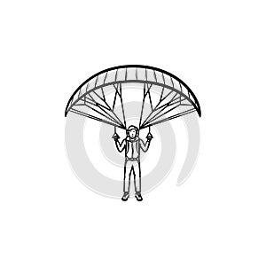 Skydiver with parachute hand drawn outline doodle icon.