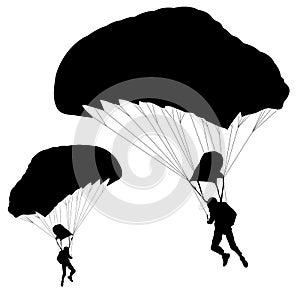 Skydiver, silhouettes parachuting on white background