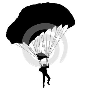 Skydiver, silhouettes parachuting on white background