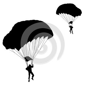 Skydiver, silhouettes parachuting on white background