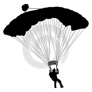 Skydiver, silhouettes parachuting on white background