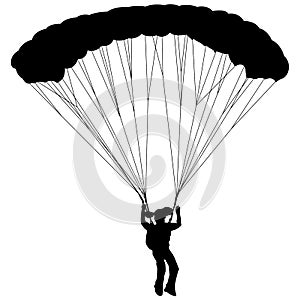 Skydiver, silhouettes parachuting on white background