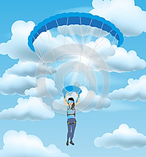 Skydiver woman flying in the blue cloudy sky. Vector female character illustration in flat style.
