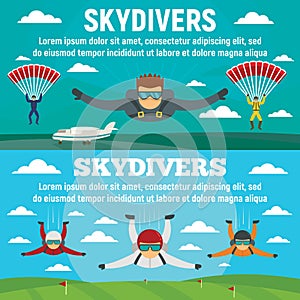 Skydivers banner set, flat style