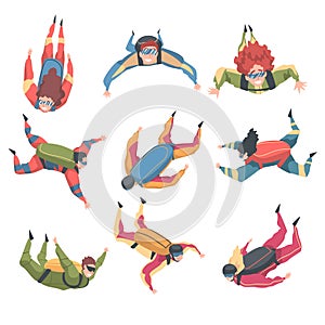 Skydivers Enjoying Freefall Set, People Jumping with Parachutes in Sky, Skydiving Extreme Sport Cartoon Style Vector