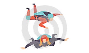 Skydivers Floating in the Air, Free Jumping, Extreme Sport Cartoon Vector Illustration