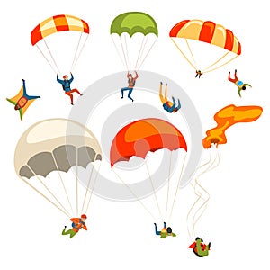 Skydivers flying with parachutes set, extreme parachuting sport and skydiving concept vector Illustrations on a white
