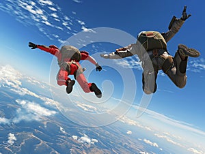 Skydivers in Freefall Against Blue Sky